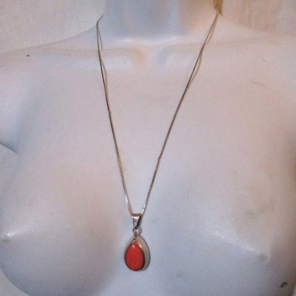 Handmade Jewelry - 925 STERLING SILVER PINK STONE GLASS Teardrop Southwestern Native Necklace